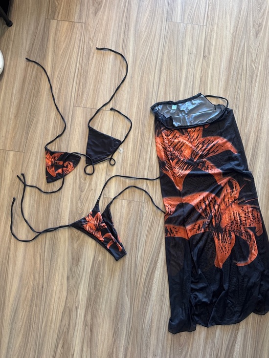 Other - Black & Orange Floral Mesh Lingerie Set with Slip Dress